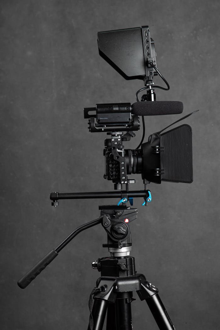 Modern black video camera cage mount with stabilizer and handle placed on tripod against gray background in studio with equipment